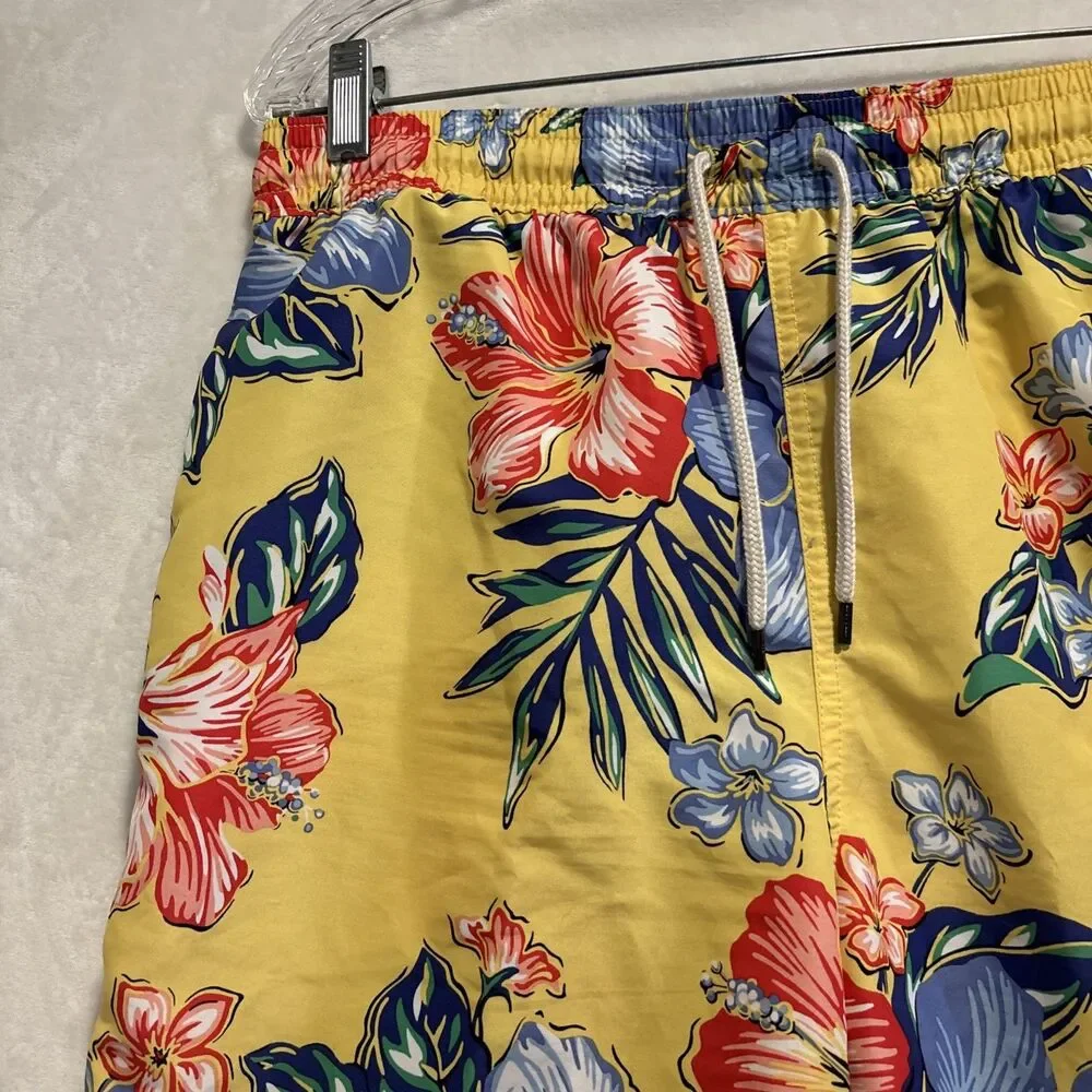 Polo Ralph Lauren Long Swim Trunks Men's Large Yellow Hibiscus Floral Traveler